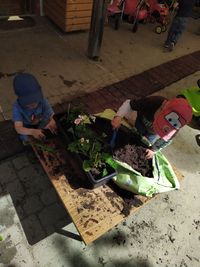 Die Kinder helfen die Fenster Beete zu bepflanzen